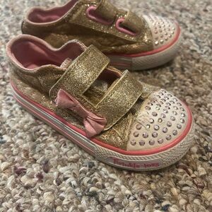 Skechers Gold Glitter Sneakers with Pink Trim and Rhinestones